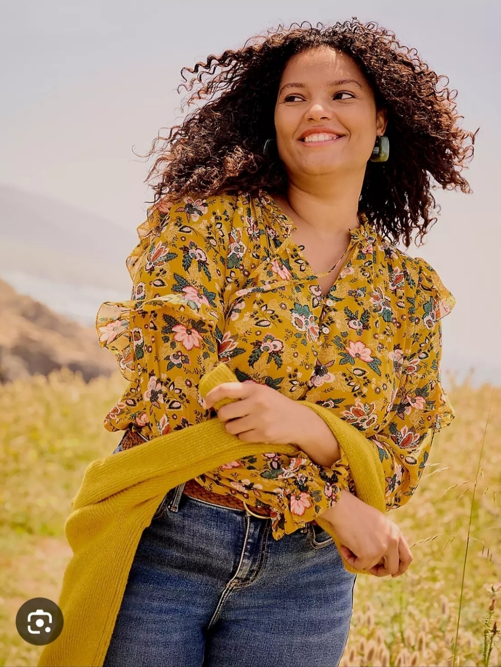 Lane Bryant Size 20 Floral Ruffle-Sleeve Blouse Mustard Yellow